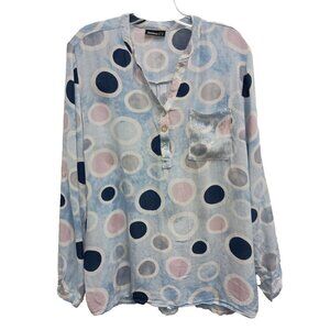 Janina Womens Tunic Top Large Blue Pink Circle Print Sequined Artsy Pullover
